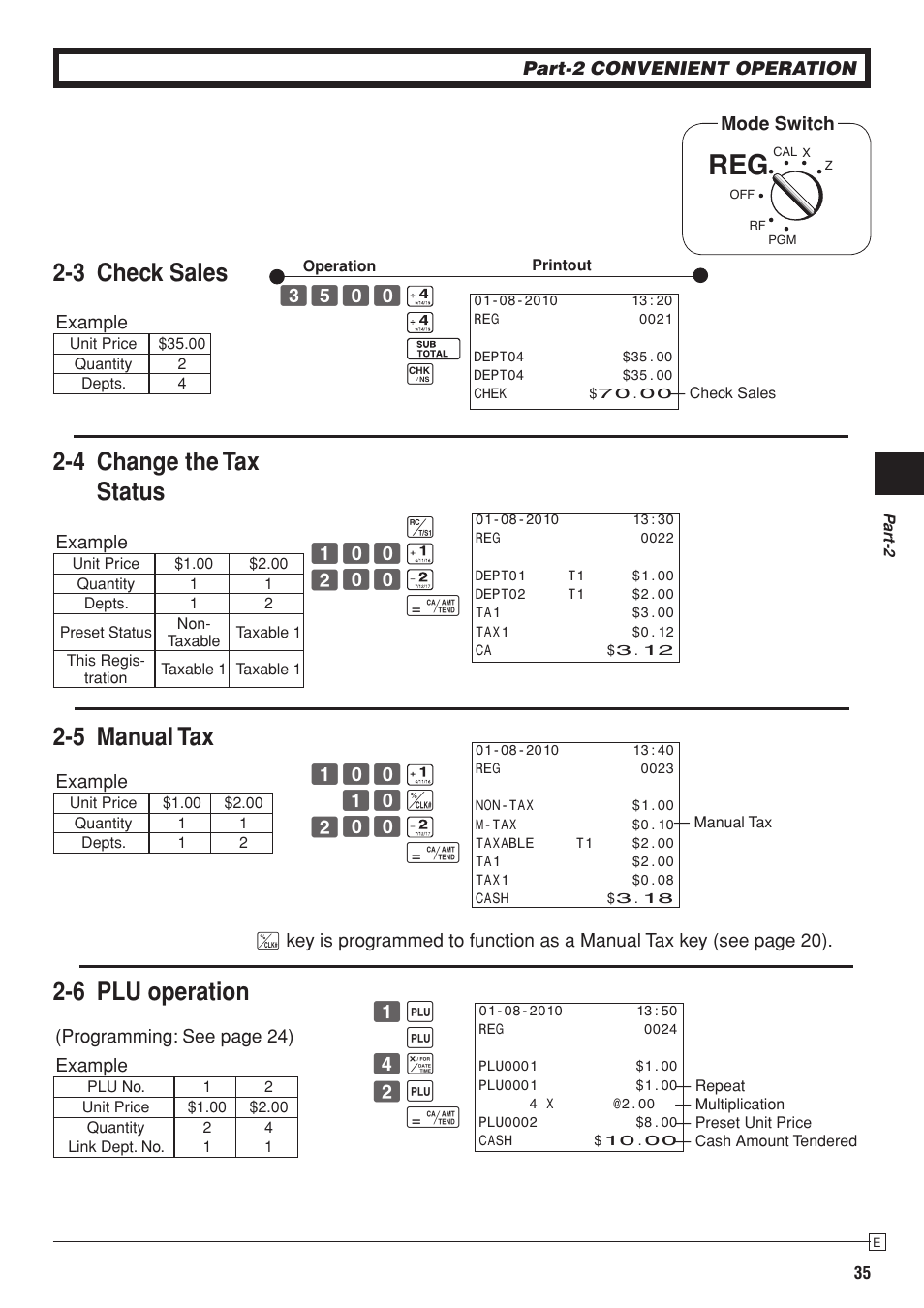 6 plu operation, 3 check sales, 4 change the tax status | 5 manual tax | Casio PCR-T280 User Manual | Page 35 / 46