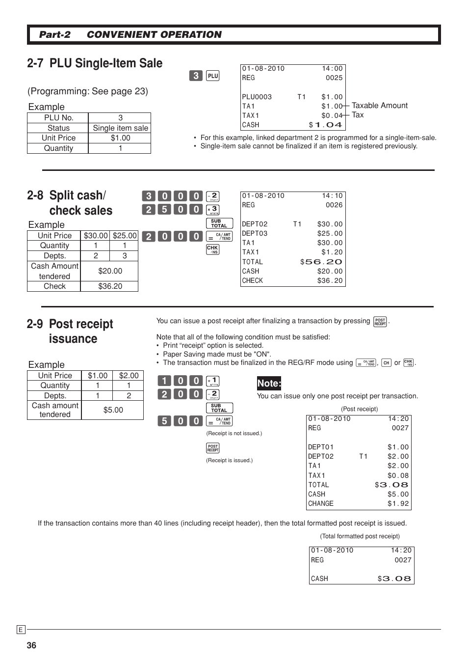 7 plu single-item sale 2-8 split cash/ check sales, 9 post receipt issuance | Casio PCR-T280 User Manual | Page 36 / 46