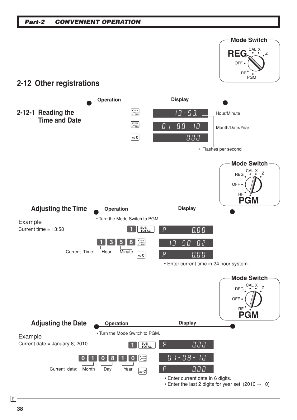 12 other registrations, 12-1 reading the time and date, Adjusting the time | Adjusting the date | Casio PCR-T280 User Manual | Page 38 / 46