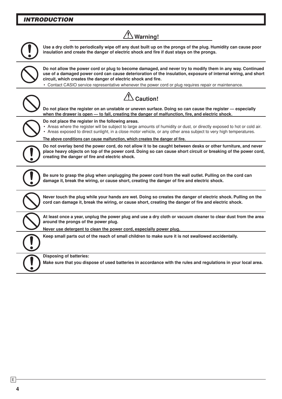 Introduction warning, Caution | Casio PCR-T280 User Manual | Page 4 / 46