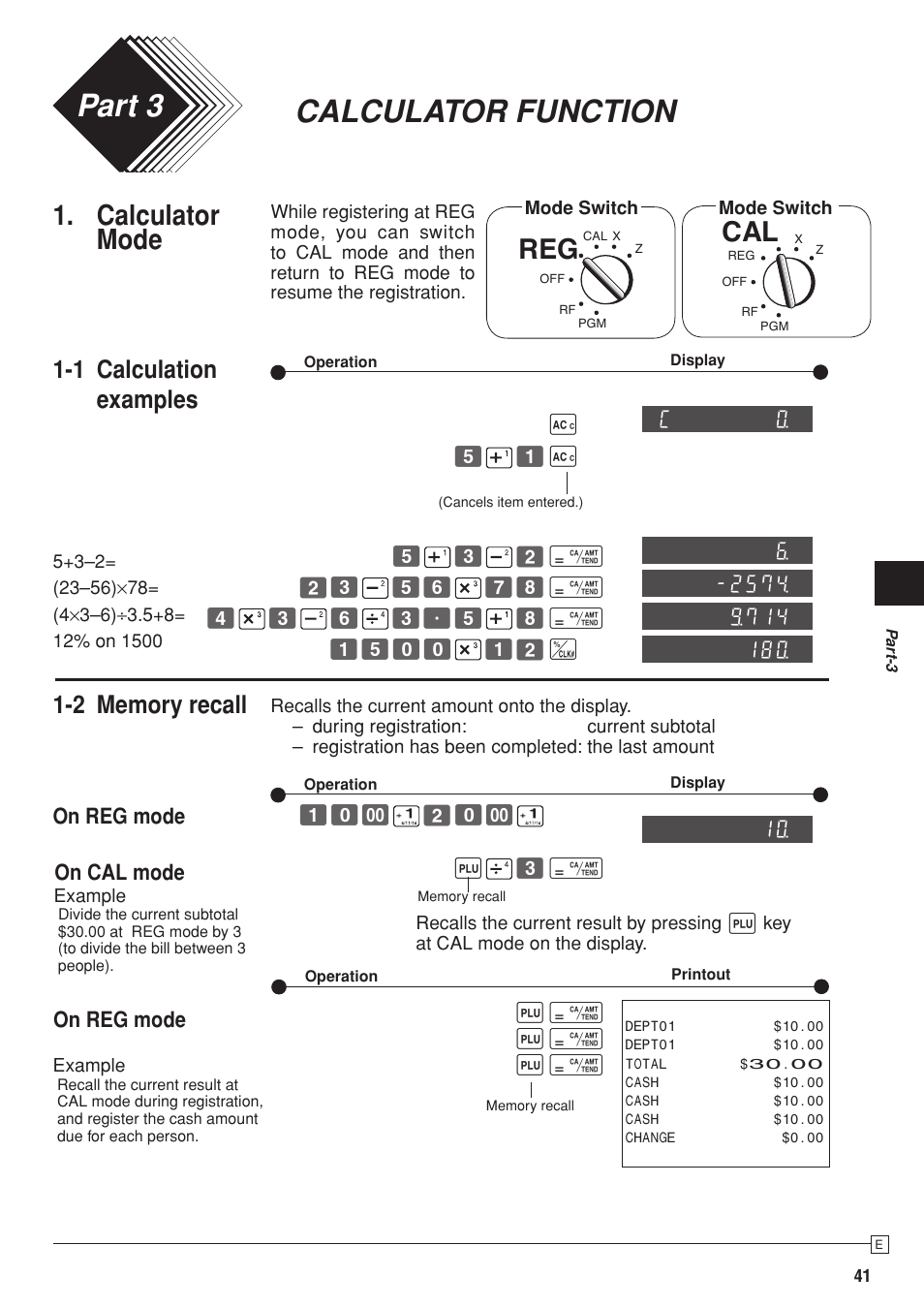 Pcrt280_e6, Calculator function part 3, Calculator mode | 1 calculation examples, On reg mode, On cal mode | Casio PCR-T280 User Manual | Page 41 / 46