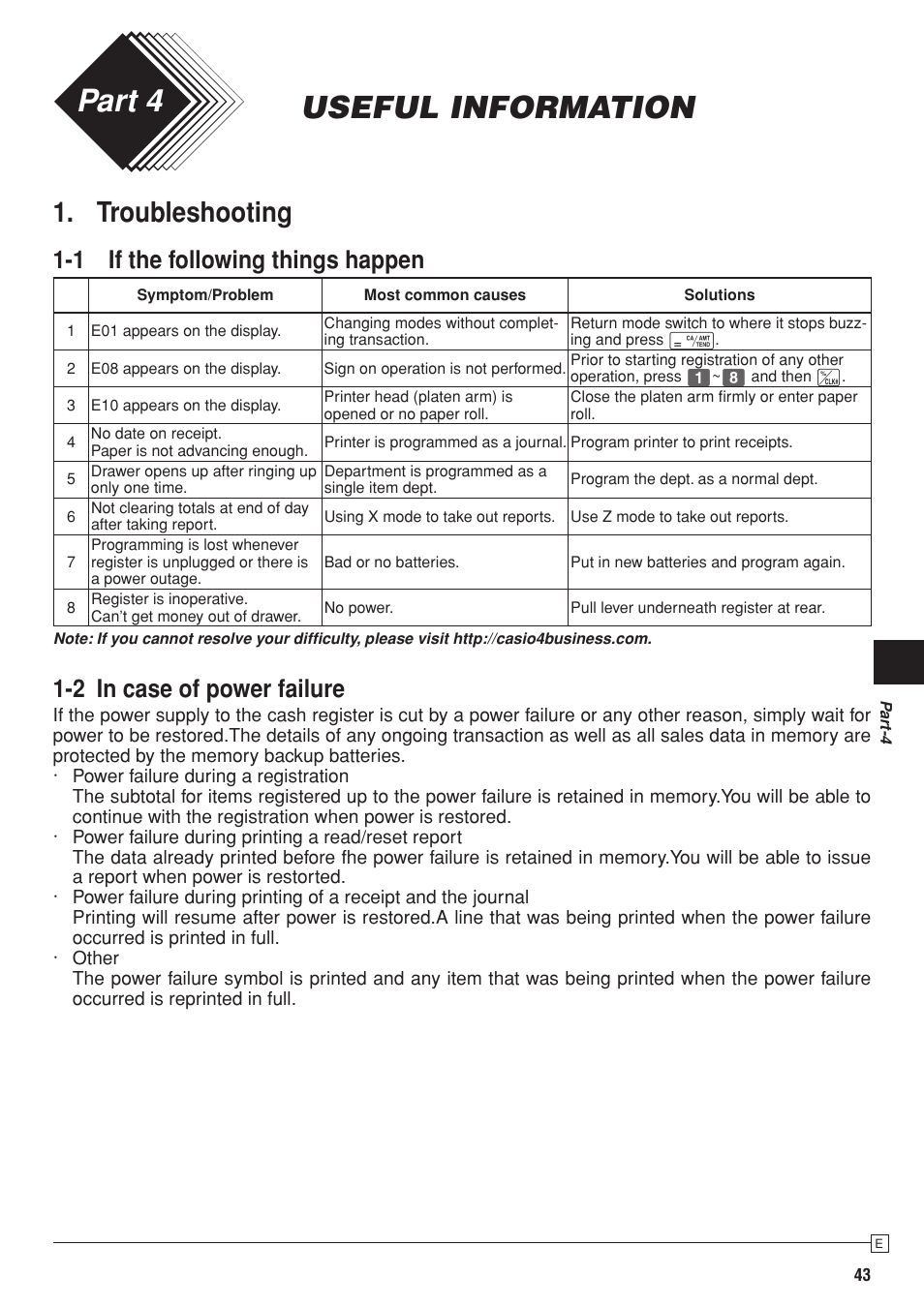 Pcrt280_e7, Part 4, Useful information | Troubleshooting, 1 if the following things happen, 2 in case of power failure | Casio PCR-T280 User Manual | Page 43 / 46