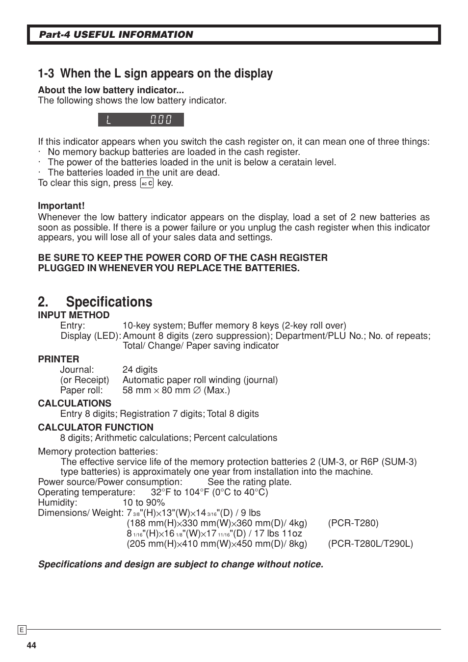 Specifications, 3 when the l sign appears on the display | Casio PCR-T280 User Manual | Page 44 / 46