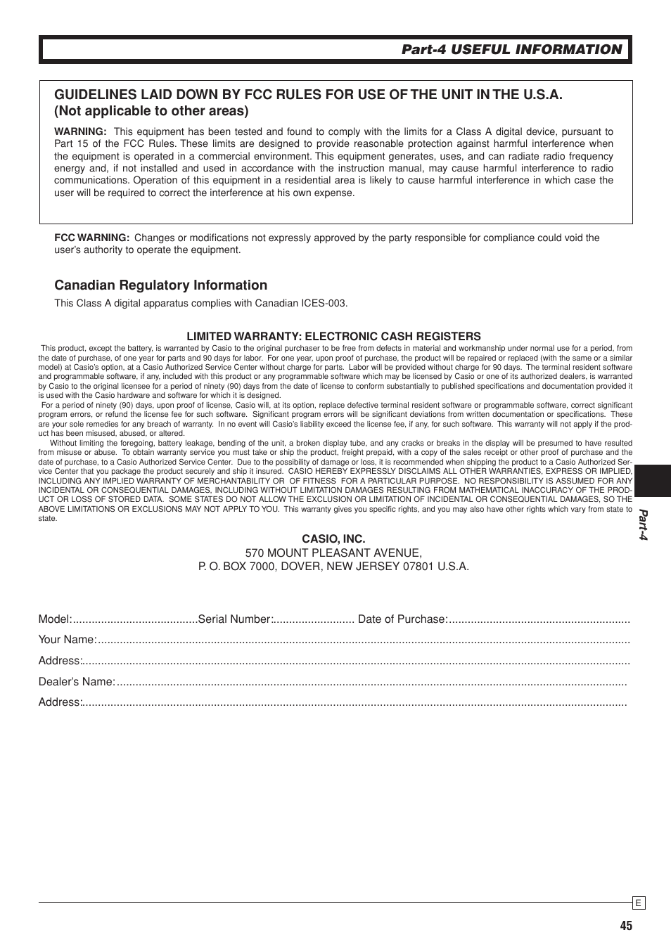 Part-4 useful information, Canadian regulatory information | Casio PCR-T280 User Manual | Page 45 / 46