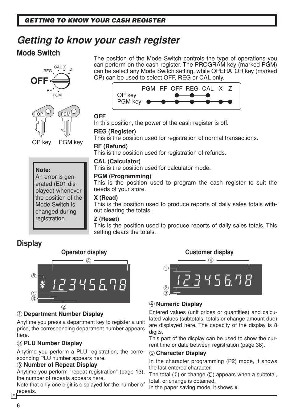 Getting to know your cash register, Mode switch, Display | Casio PCR-T280 User Manual | Page 6 / 46