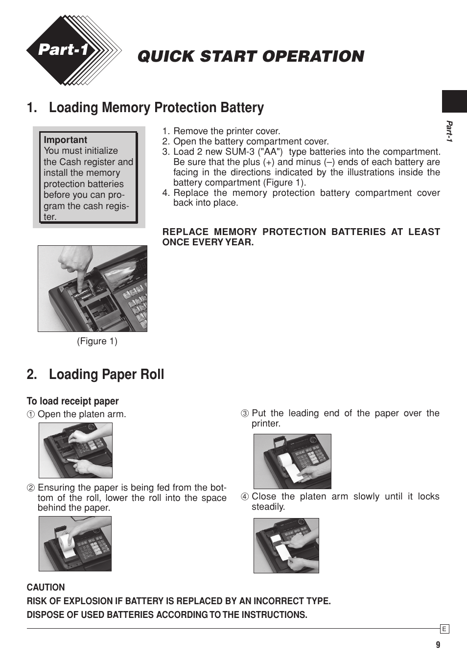 Pcrt280_e3, Quick start operation part-1, Loading paper roll | Casio PCR-T280 User Manual | Page 9 / 46