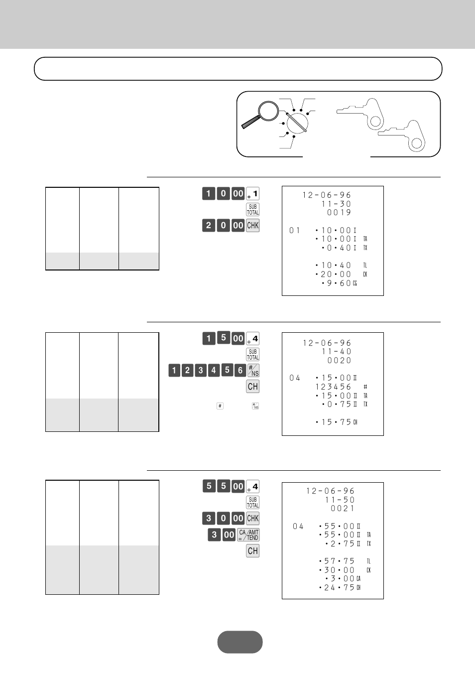 Registering charge and check payments, Basic operations and setups, º– ! s ™º– k | S £º– k £– c h | Casio PCR-360 User Manual | Page 46 / 88