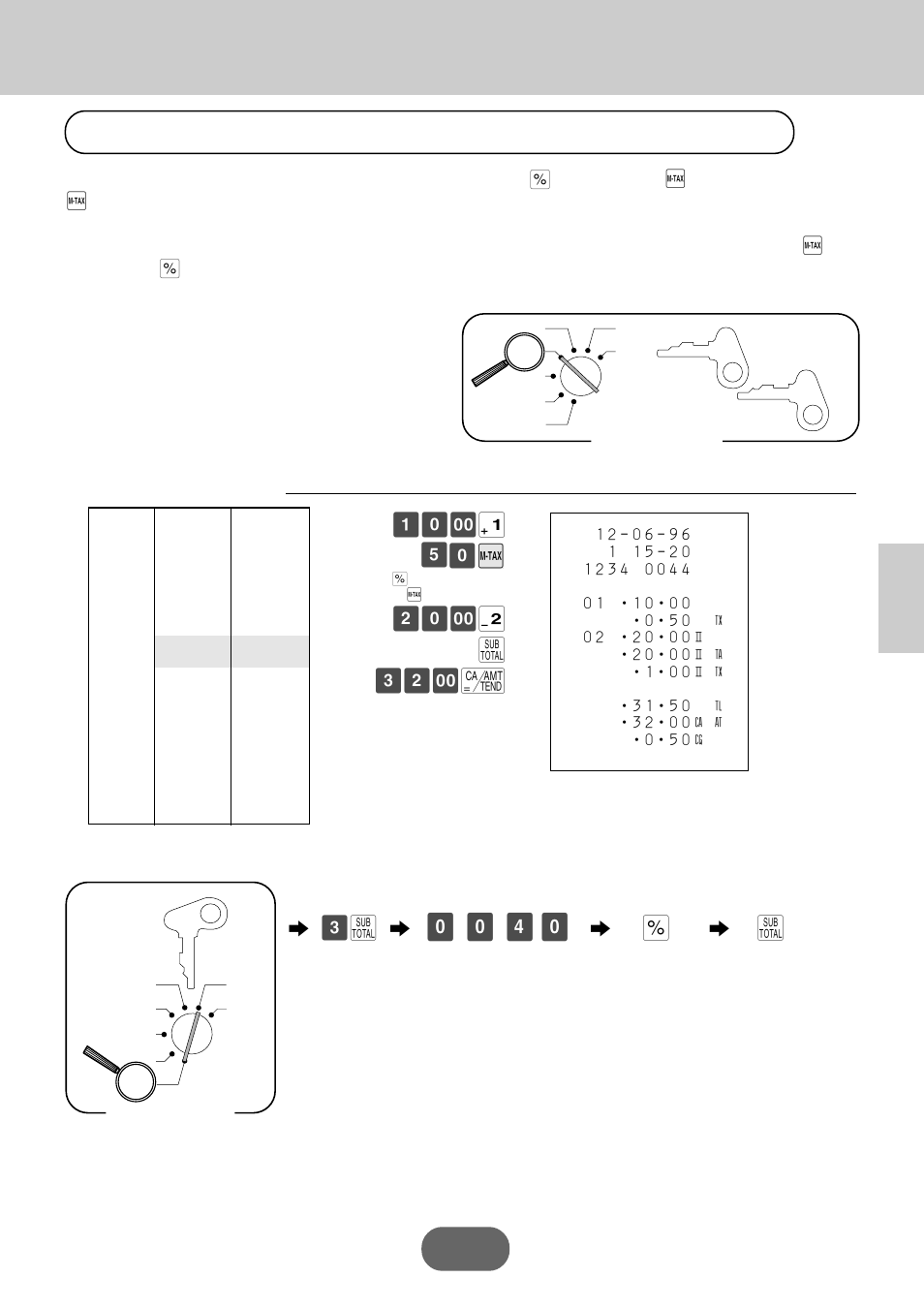 Registering manually entered tax amounts, º º ¢ º, º– ! ∞º µ ™º– " s £™– c | Convenient operations and setups, Registering manual tax, Programming for manually input tax registration | Casio PCR-360 User Manual | Page 67 / 88