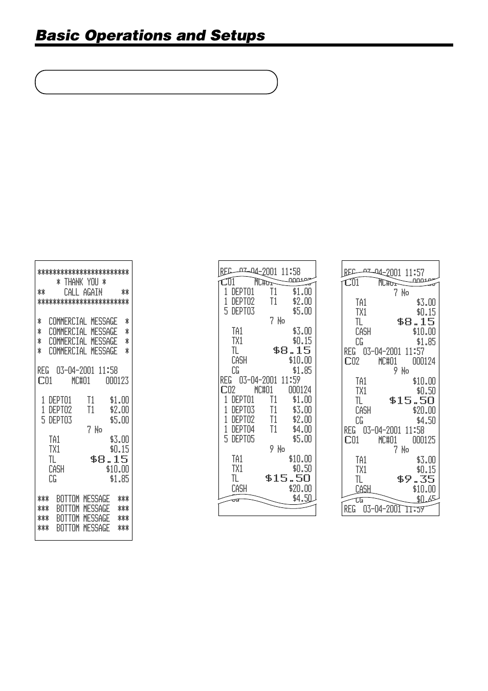 How to read the printouts, Basic operations and setups | Casio PCR-1000 User Manual | Page 26 / 96
