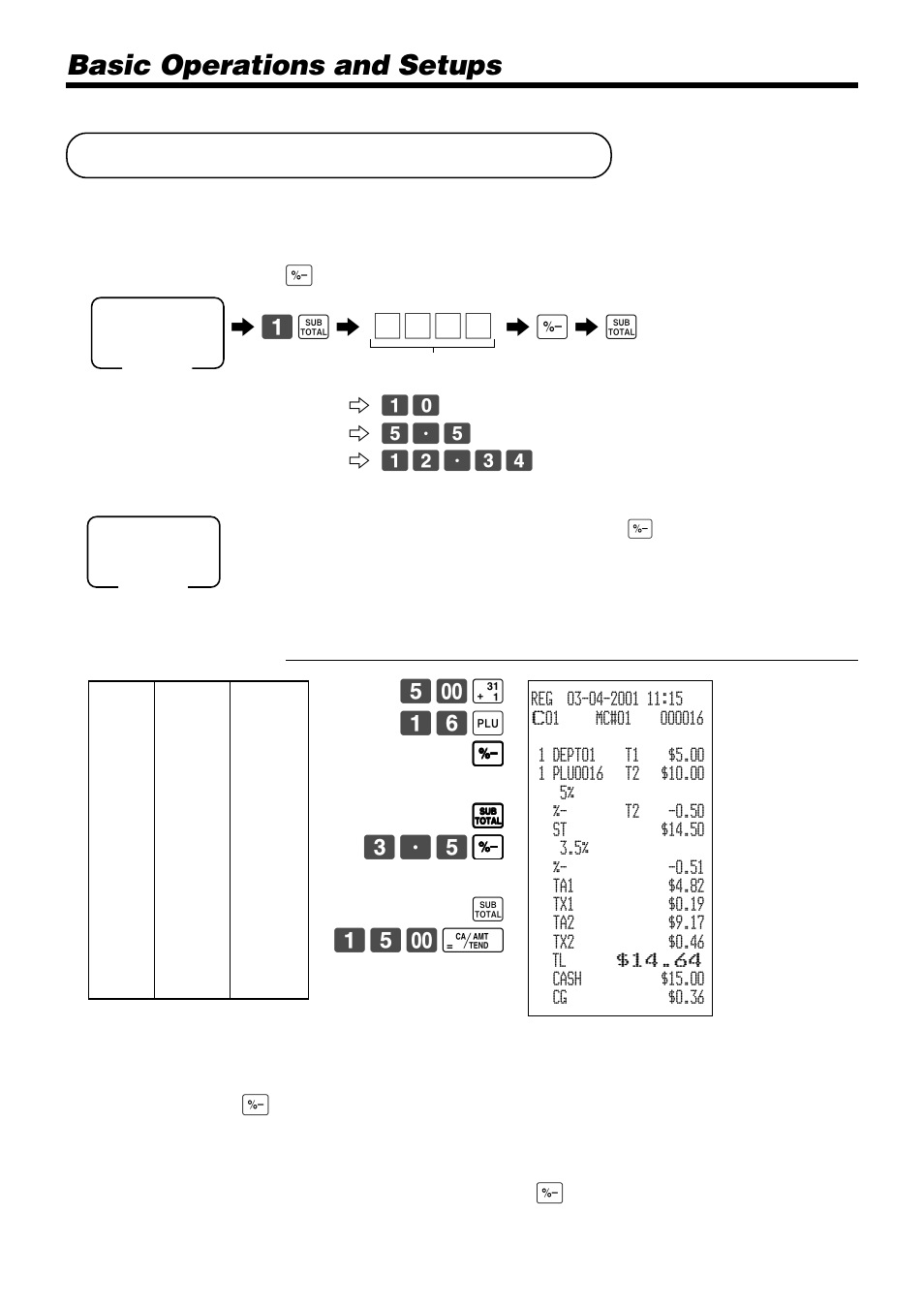 Preparing and using discounts, Basic operations and setups | Casio PCR-1000 User Manual | Page 38 / 96