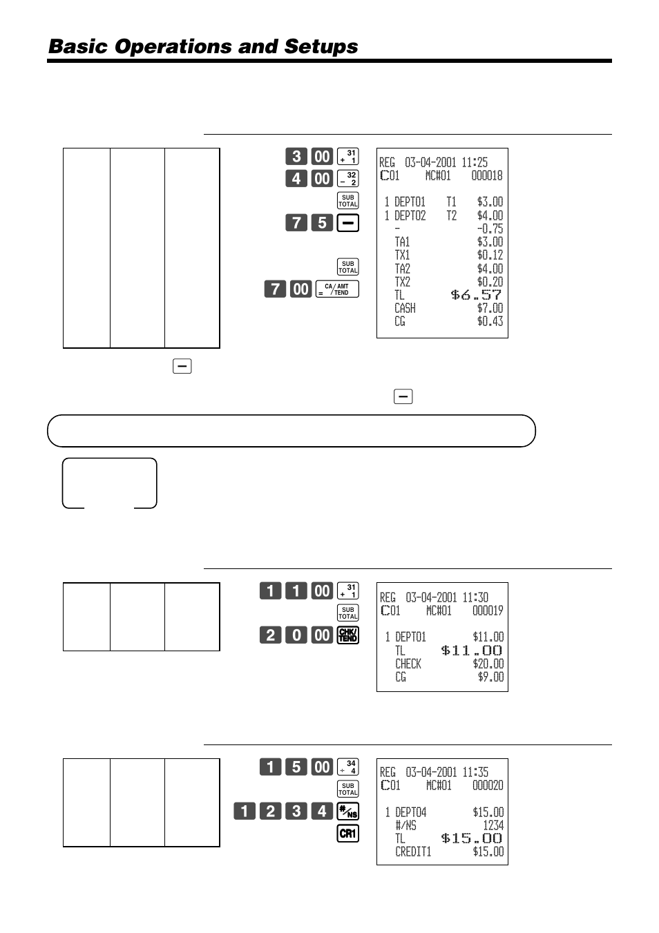 Registering credit and check payments, Basic operations and setups | Casio PCR-1000 User Manual | Page 40 / 96