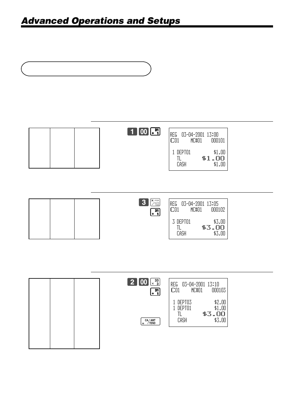 Single item cash sales, Advanced operations and setups, # ! ! ! ! ! f | Casio PCR-1000 User Manual | Page 50 / 96