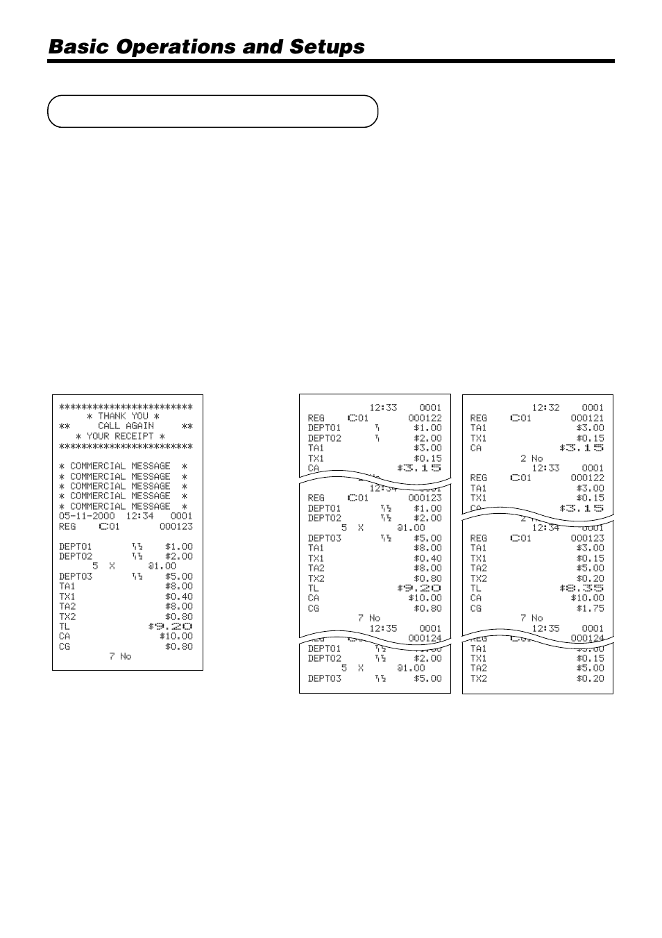 How to read the printouts, Basic operations and setups | Casio PCR-365A User Manual | Page 24 / 98