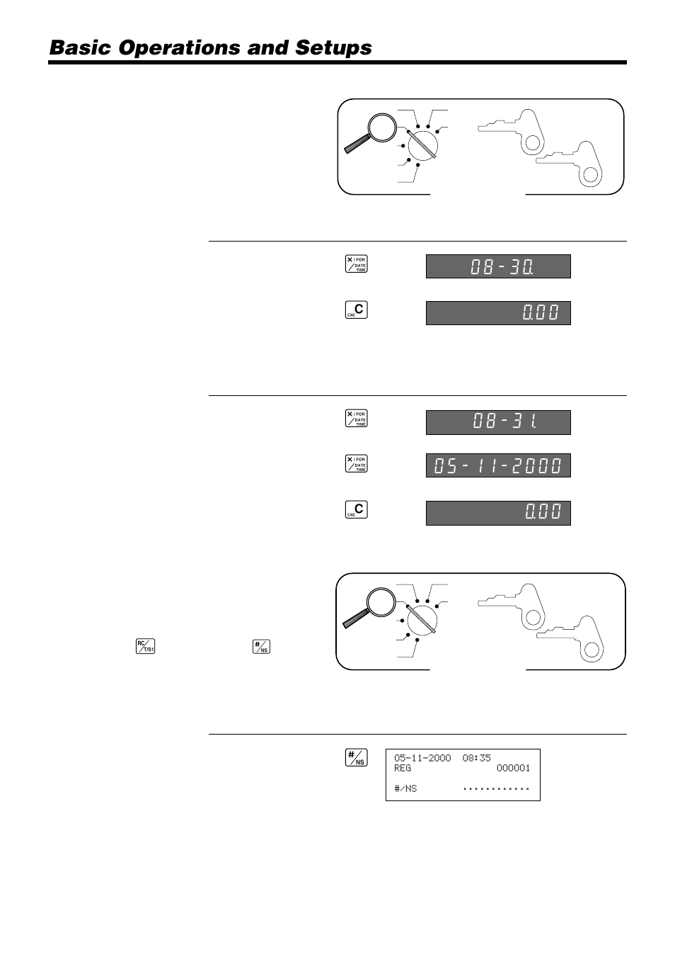 Basic operations and setups, Displaying the time and date, Xc preparing coins for change | Casio PCR-365A User Manual | Page 26 / 98
