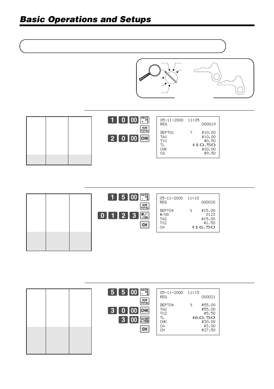 Registering charge and check payments, Basic operations and setups, ! s 20- k | $ s 0123 b h, $ s 30- k 3- a h | Casio PCR-365A User Manual | Page 40 / 98