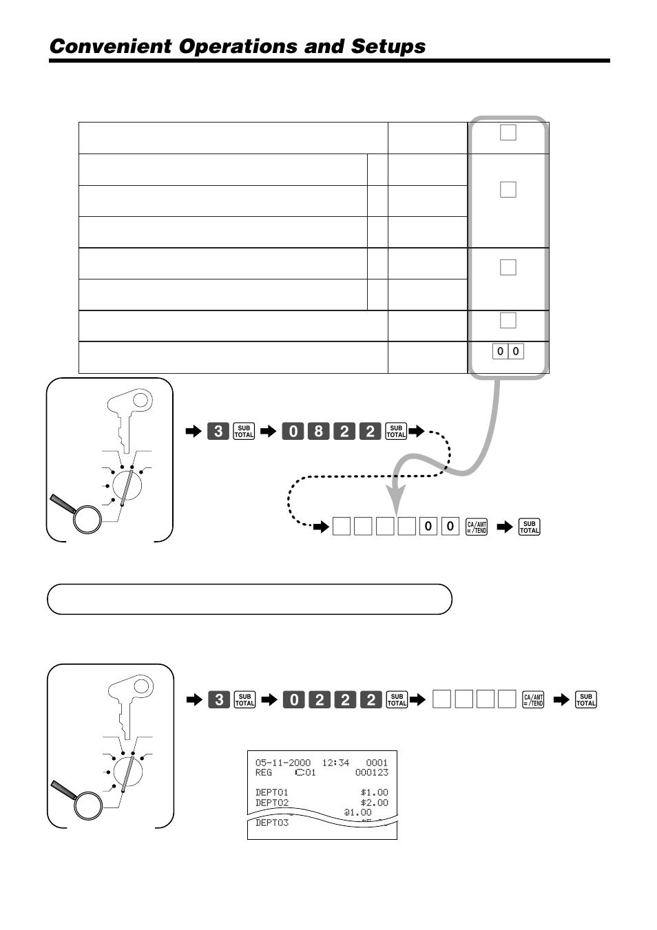Setting a store/machine number, Convenient operations and setups, A6 s | Programming read/reset report printing control | Casio PCR-365A User Manual | Page 52 / 98