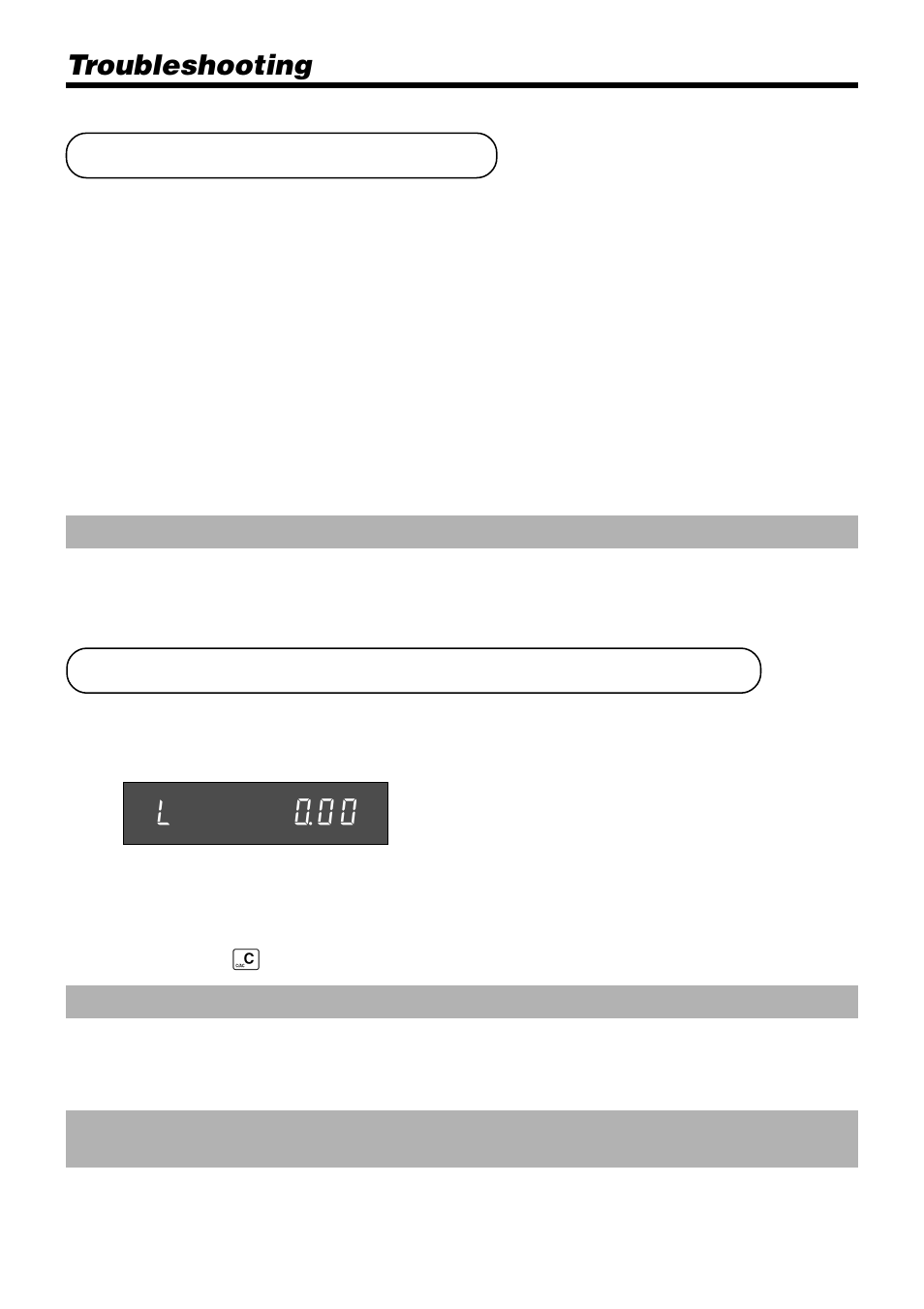When the l sign appears on the display, Troubleshooting, L ~00 | Casio PCR-365A User Manual | Page 90 / 98