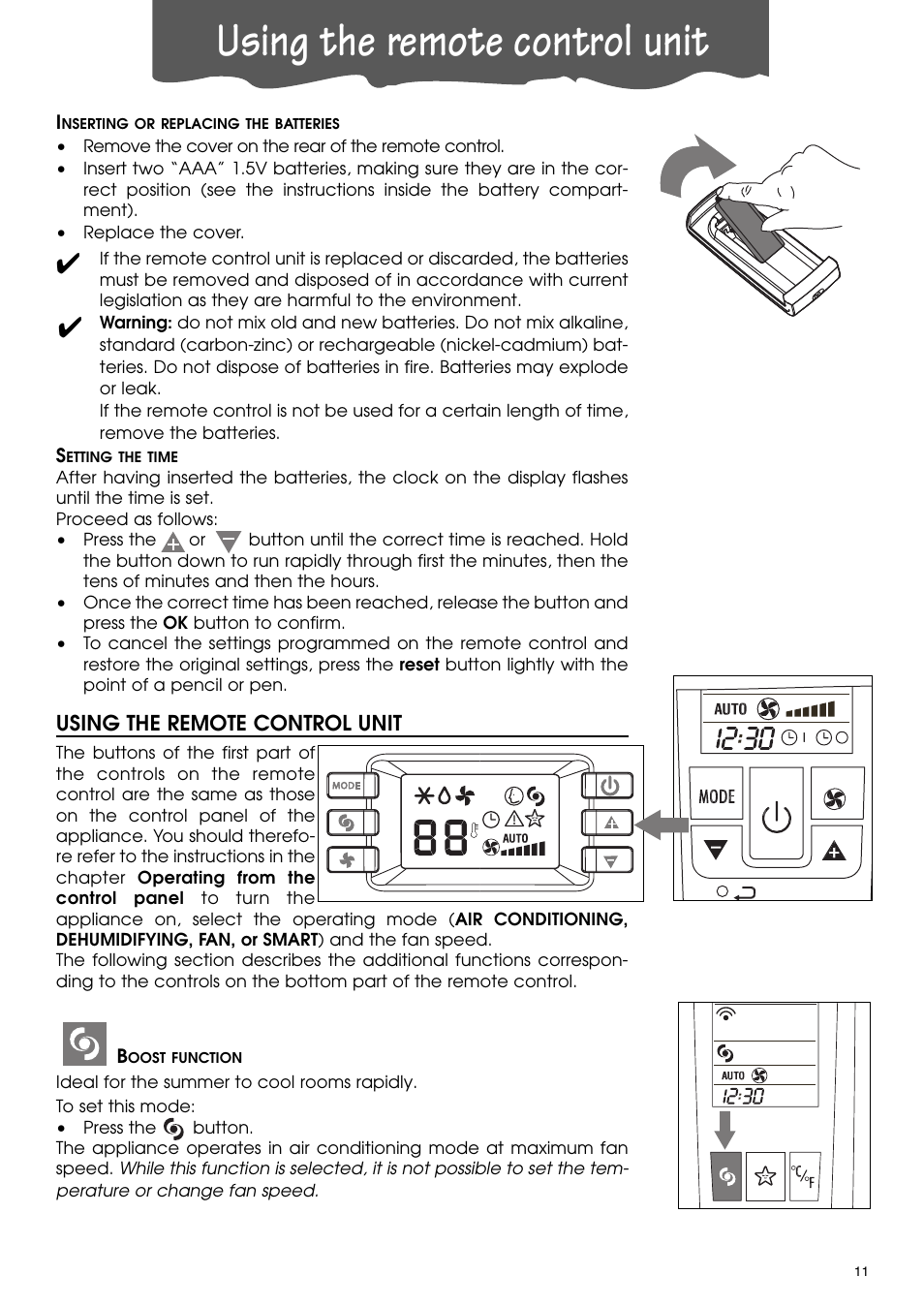 Using the remote control unit | DeLonghi PACA110-A120E User Manual | Page 11 / 18