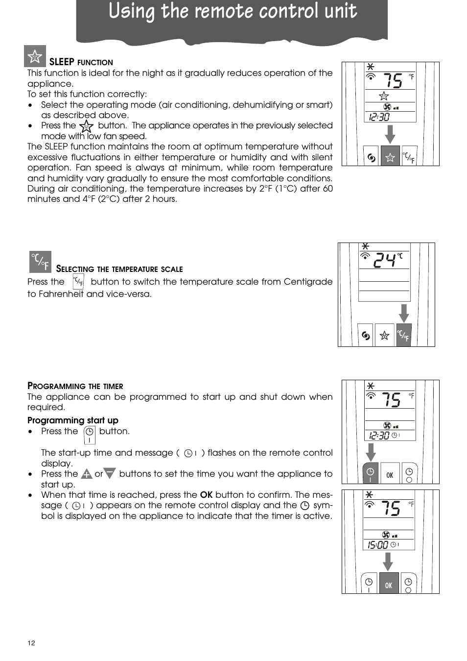 Using the remote control unit | DeLonghi PACA110-A120E User Manual | Page 12 / 18