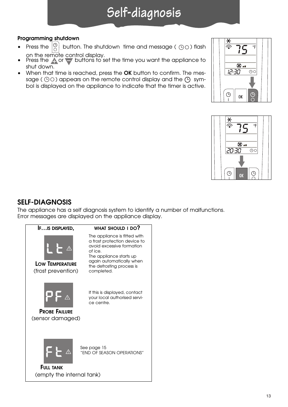 Self-diagnosis | DeLonghi PACA110-A120E User Manual | Page 13 / 18