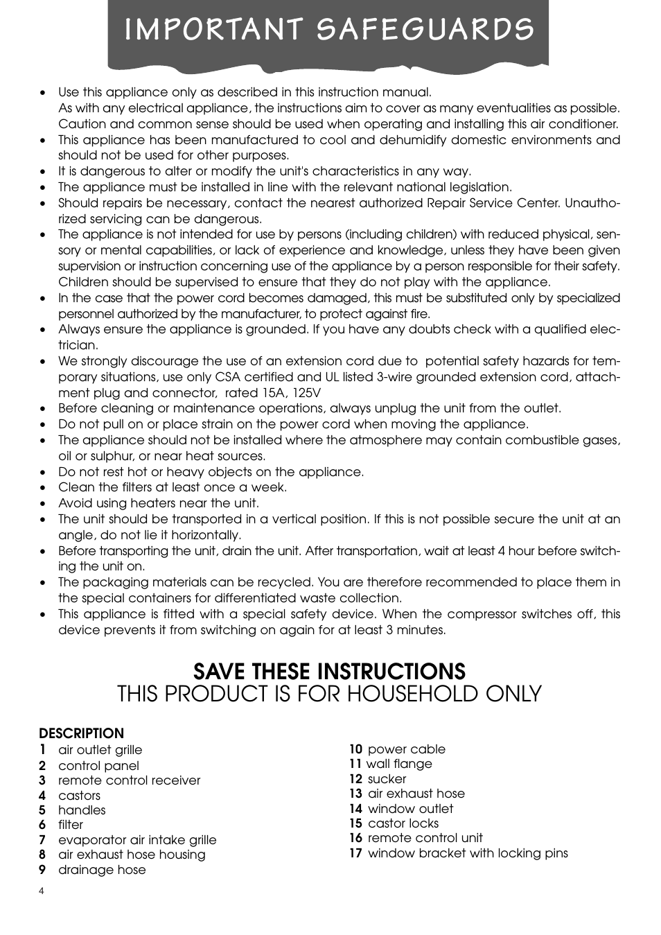 Important safeguards | DeLonghi PACA110-A120E User Manual | Page 4 / 18