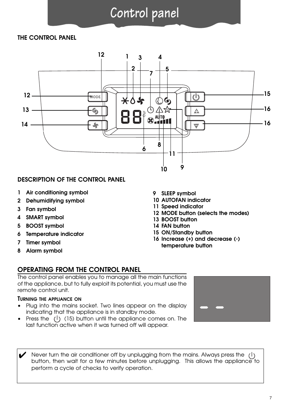 Control panel | DeLonghi PACA110-A120E User Manual | Page 7 / 18