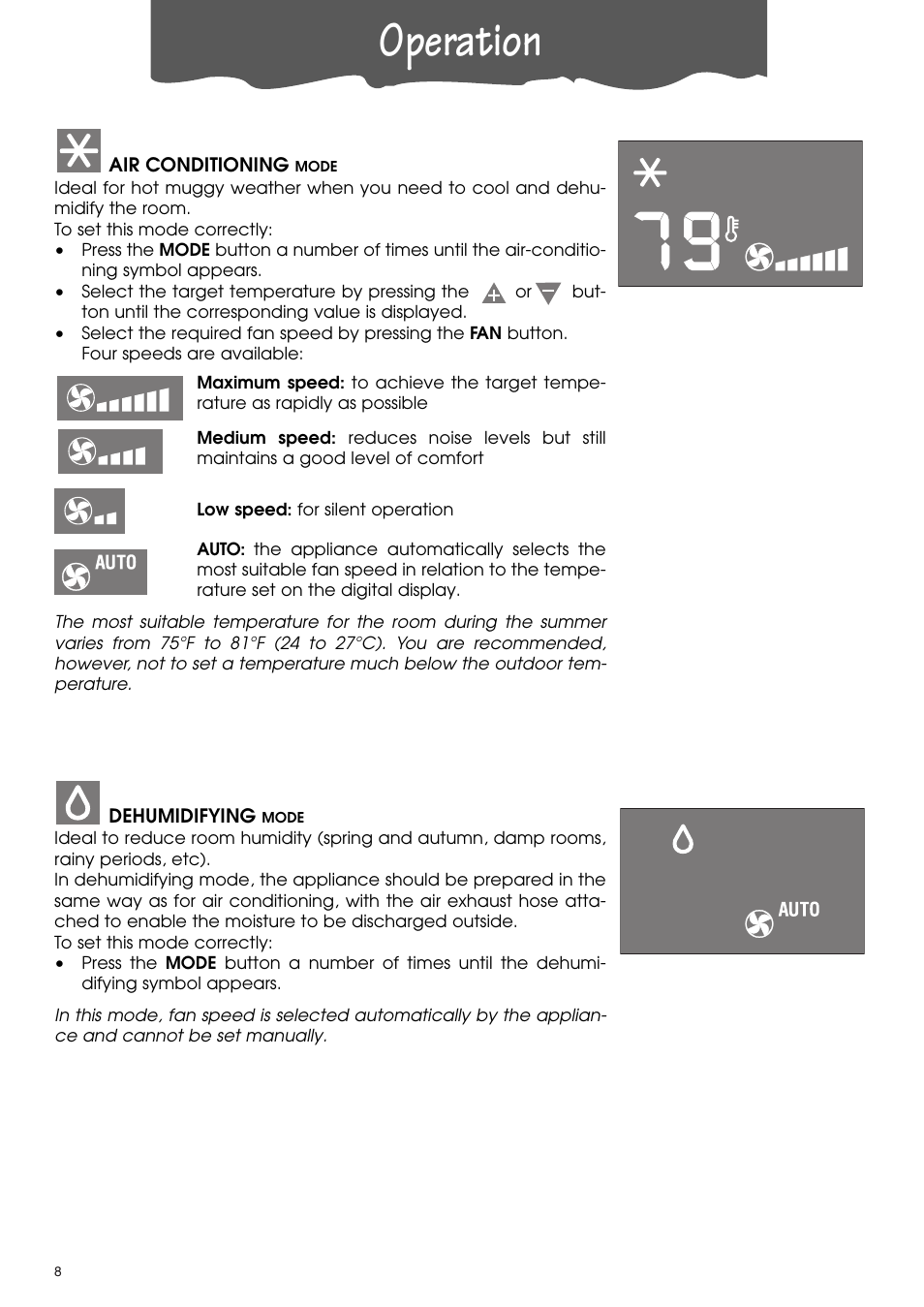 Operation | DeLonghi PACA110-A120E User Manual | Page 8 / 18