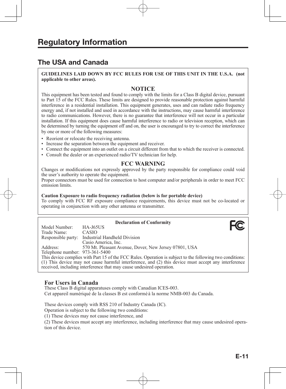 Regulatory information, The usa and canada | Casio IT-300 User Manual | Page 13 / 52