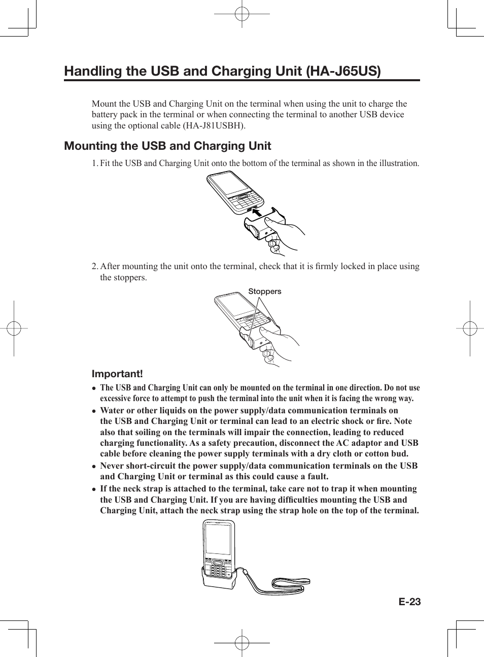 Handling the usb and charging unit (ha-j65us), Mounting the usb and charging unit | Casio IT-300 User Manual | Page 25 / 52