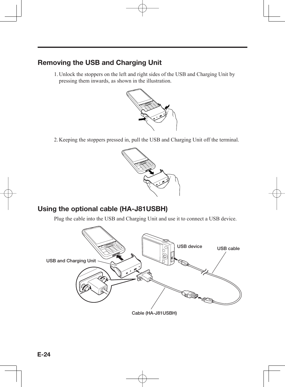 Removing the usb and charging unit, Using the optional cable (ha-j81usbh) | Casio IT-300 User Manual | Page 26 / 52