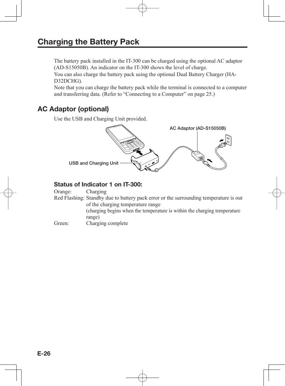 Charging the battery pack, Ac adaptor (optional) | Casio IT-300 User Manual | Page 28 / 52