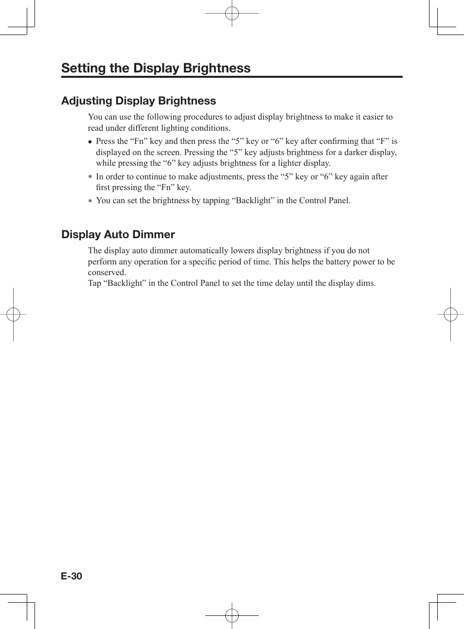 Setting the display brightness, Adjusting display brightness, Display auto dimmer | Casio IT-300 User Manual | Page 32 / 52