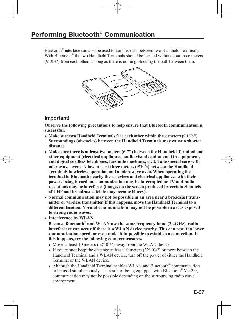 Performing bluetooth, Communication, E-37 | Important | Casio IT-300 User Manual | Page 39 / 52