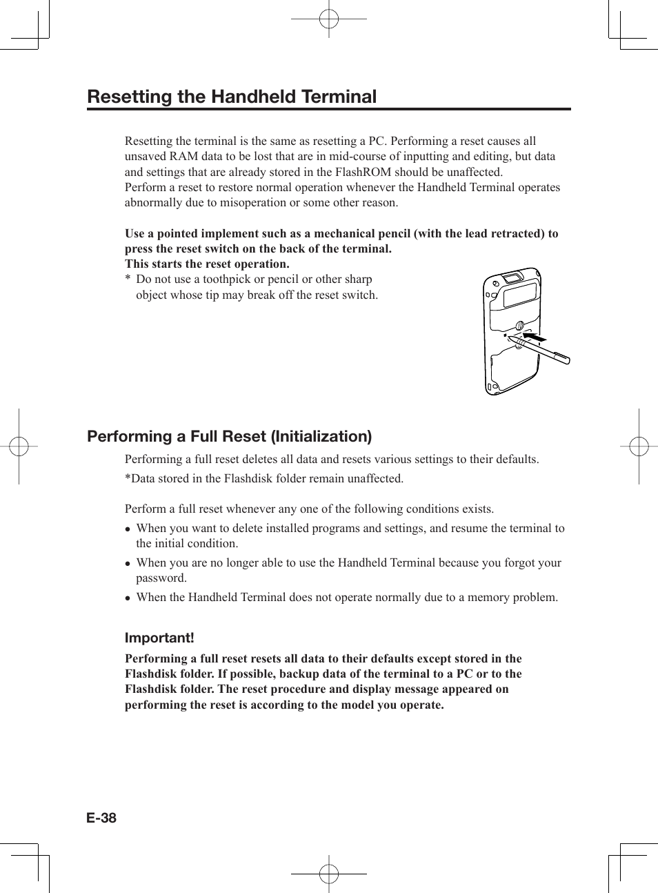 Resetting the handheld terminal, Performing a full reset (initialization) | Casio IT-300 User Manual | Page 40 / 52