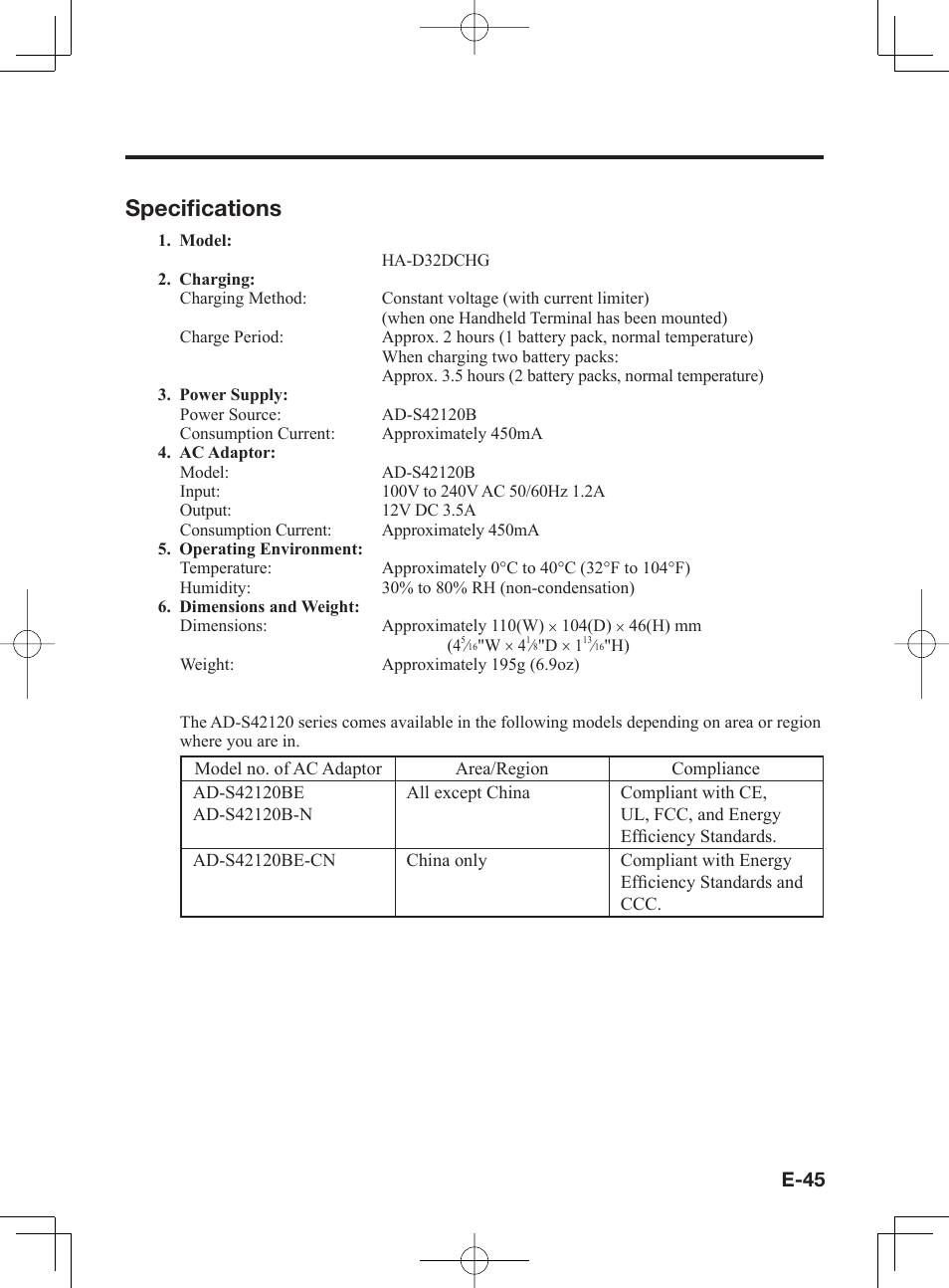 Specifi cations, E-45 | Casio IT-300 User Manual | Page 47 / 52