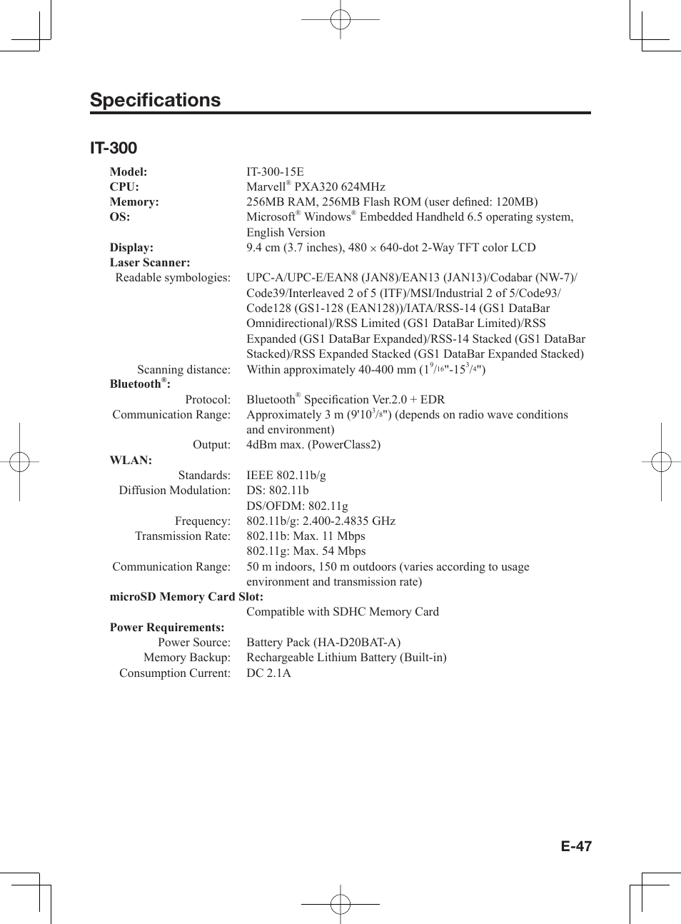 Specifi cations, It-300, E-47 | Casio IT-300 User Manual | Page 49 / 52