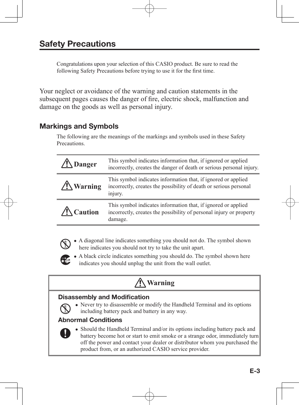 Safety precautions, Markings and symbols, Danger | Warning, Caution | Casio IT-300 User Manual | Page 5 / 52