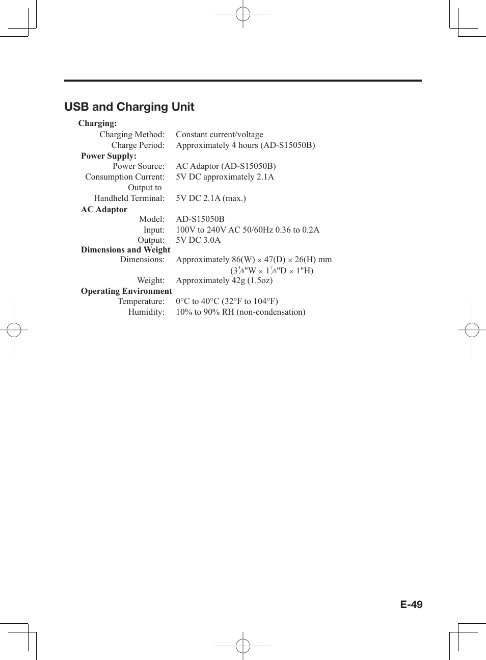 Usb and charging unit, E-49 | Casio IT-300 User Manual | Page 51 / 52