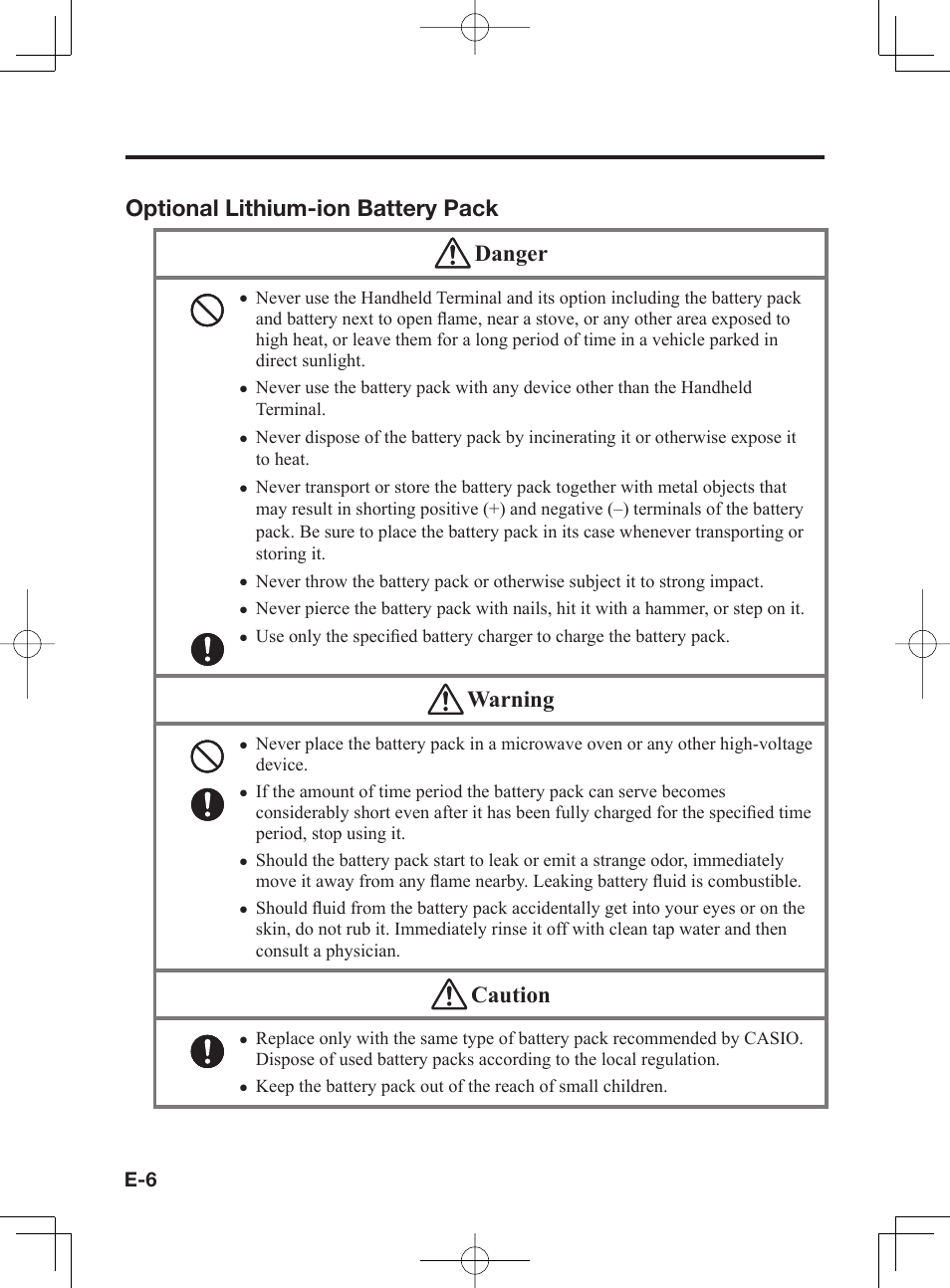 Optional lithium-ion battery pack danger, Warning, Caution | Casio IT-300 User Manual | Page 8 / 52