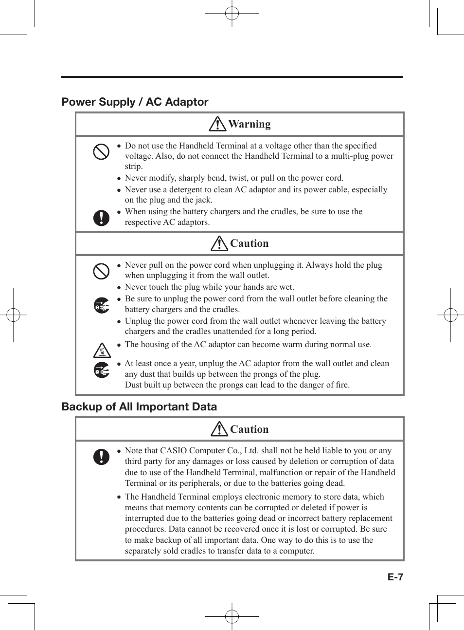 Power supply / ac adaptor warning, Caution, Backup of all important data caution | Casio IT-300 User Manual | Page 9 / 52