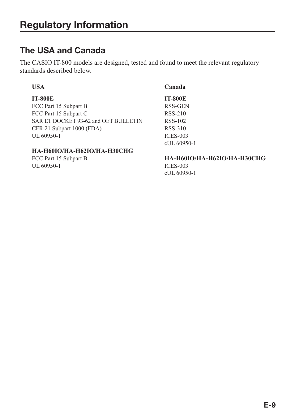 Regulatory information, The usa and canada | Casio IT-800 User Manual | Page 10 / 73
