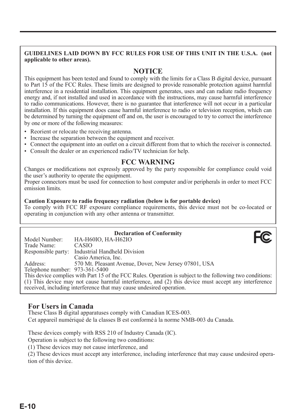 E-10, Notice, Fcc warning | For users in canada | Casio IT-800 User Manual | Page 11 / 73