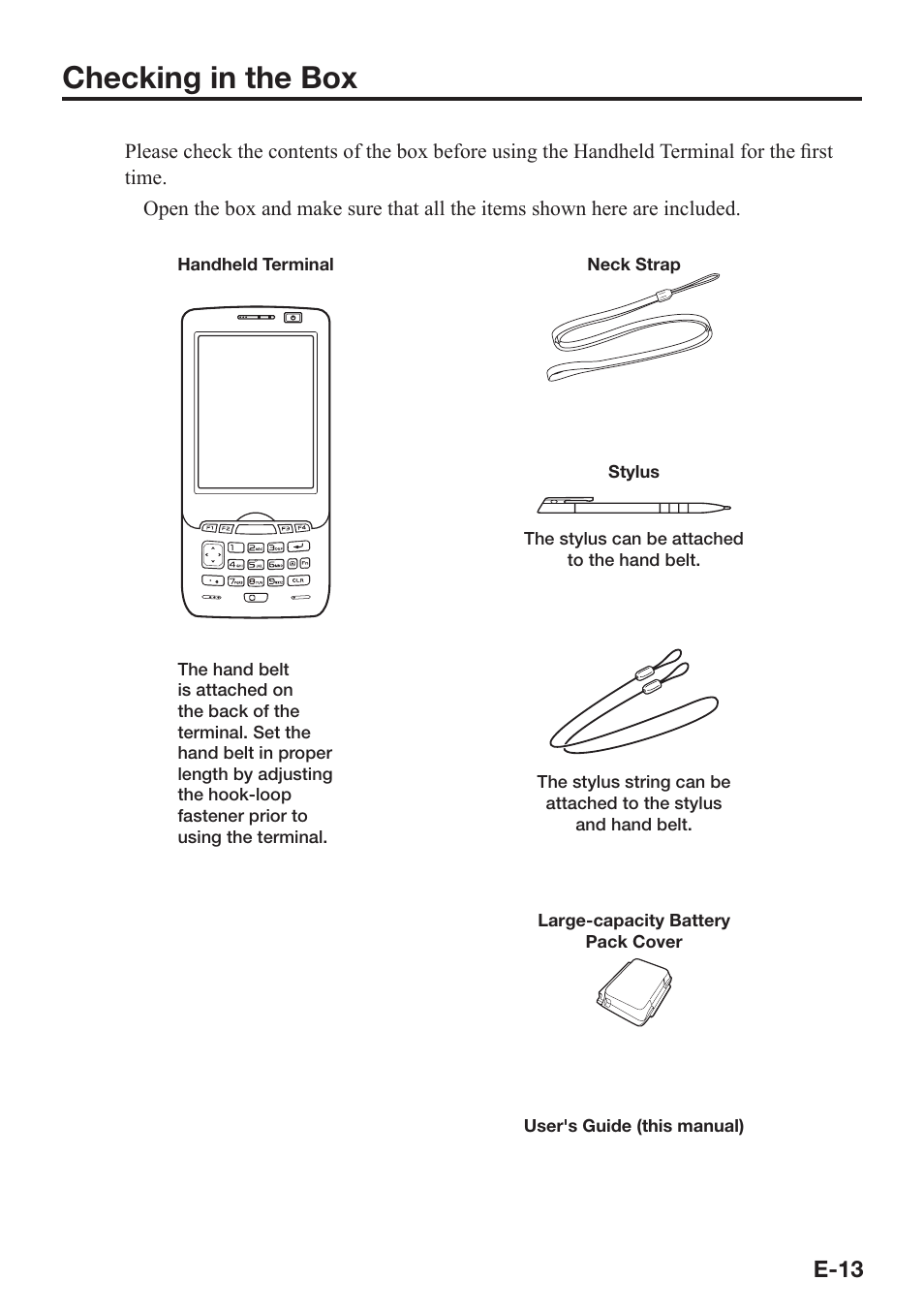 Checking in the box, E-13 | Casio IT-800 User Manual | Page 14 / 73