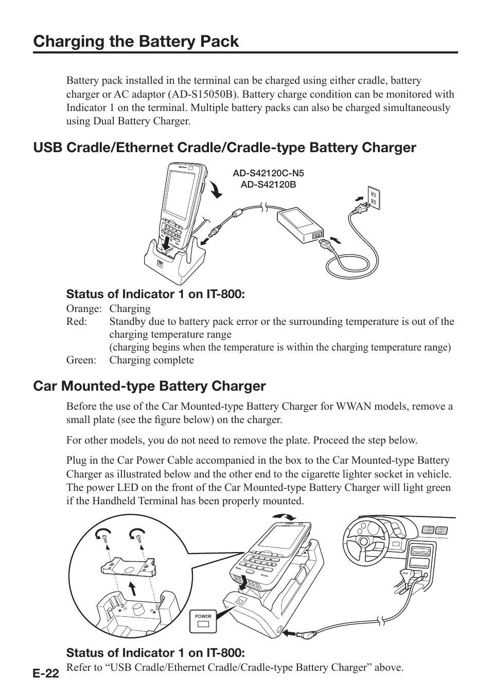 Charging the battery pack, Car mounted-type battery charger | Casio IT-800 User Manual | Page 23 / 73