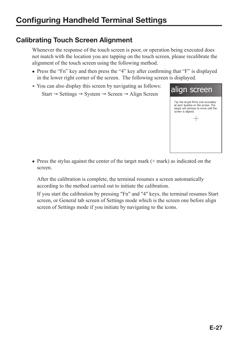 Confi guring handheld terminal settings, Calibrating touch screen alignment | Casio IT-800 User Manual | Page 28 / 73