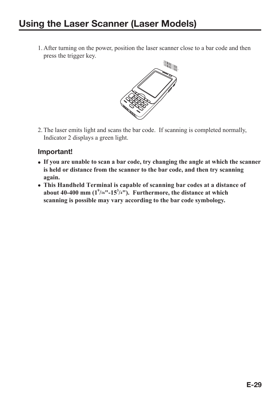 Using the laser scanner (laser models) | Casio IT-800 User Manual | Page 30 / 73