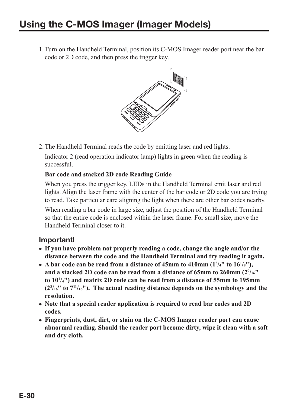 Using the c-mos imager (imager models), E-30, Important | Casio IT-800 User Manual | Page 31 / 73