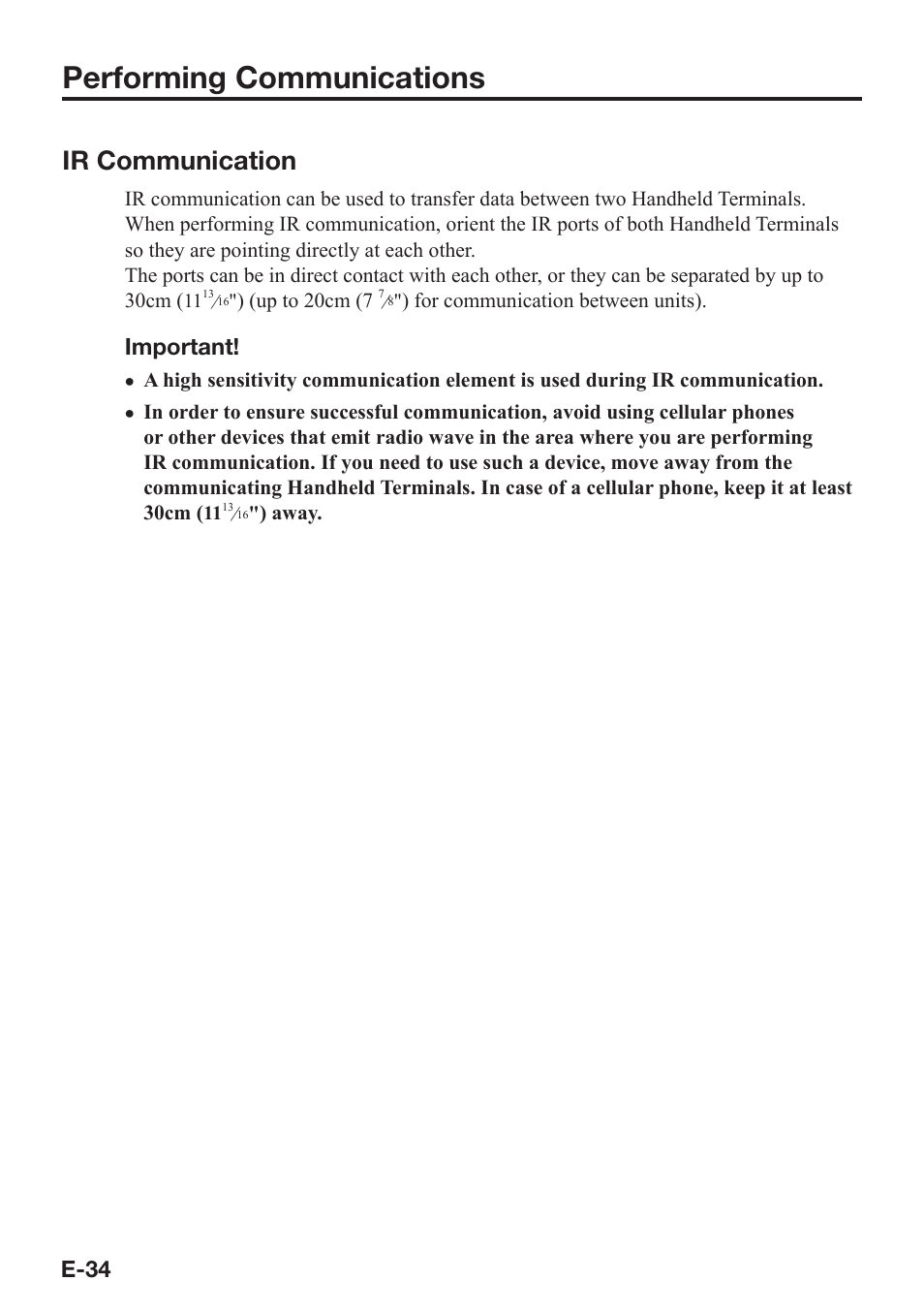 Performing communications, Ir communication, E-34 | Important | Casio IT-800 User Manual | Page 35 / 73