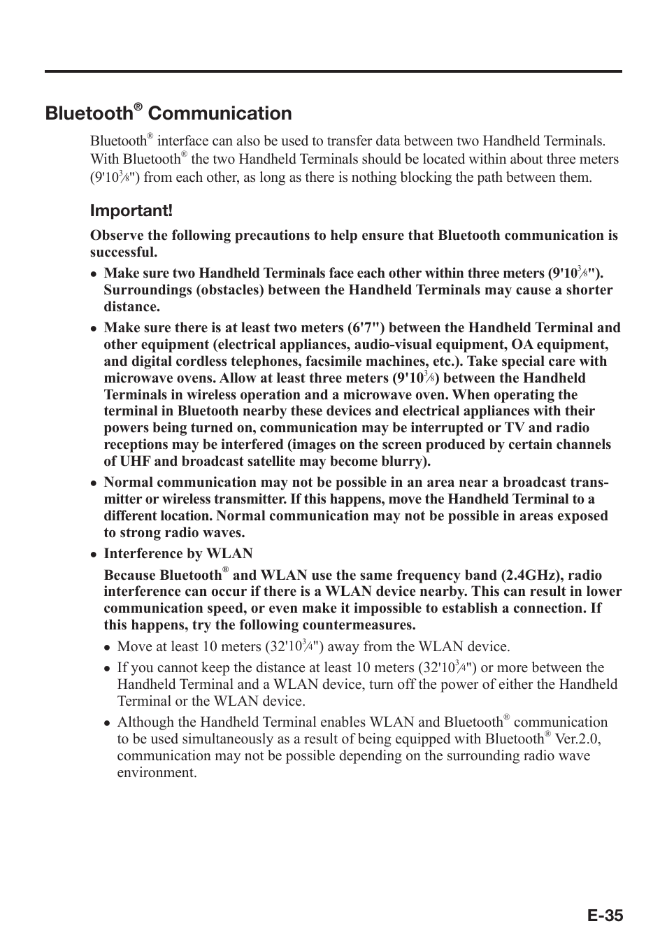 Bluetooth, Communication, E-35 | Important | Casio IT-800 User Manual | Page 36 / 73