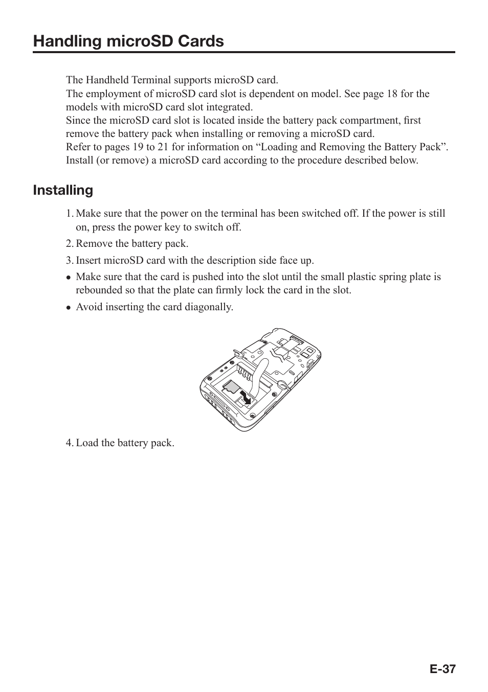 Handling microsd cards, Installing | Casio IT-800 User Manual | Page 38 / 73